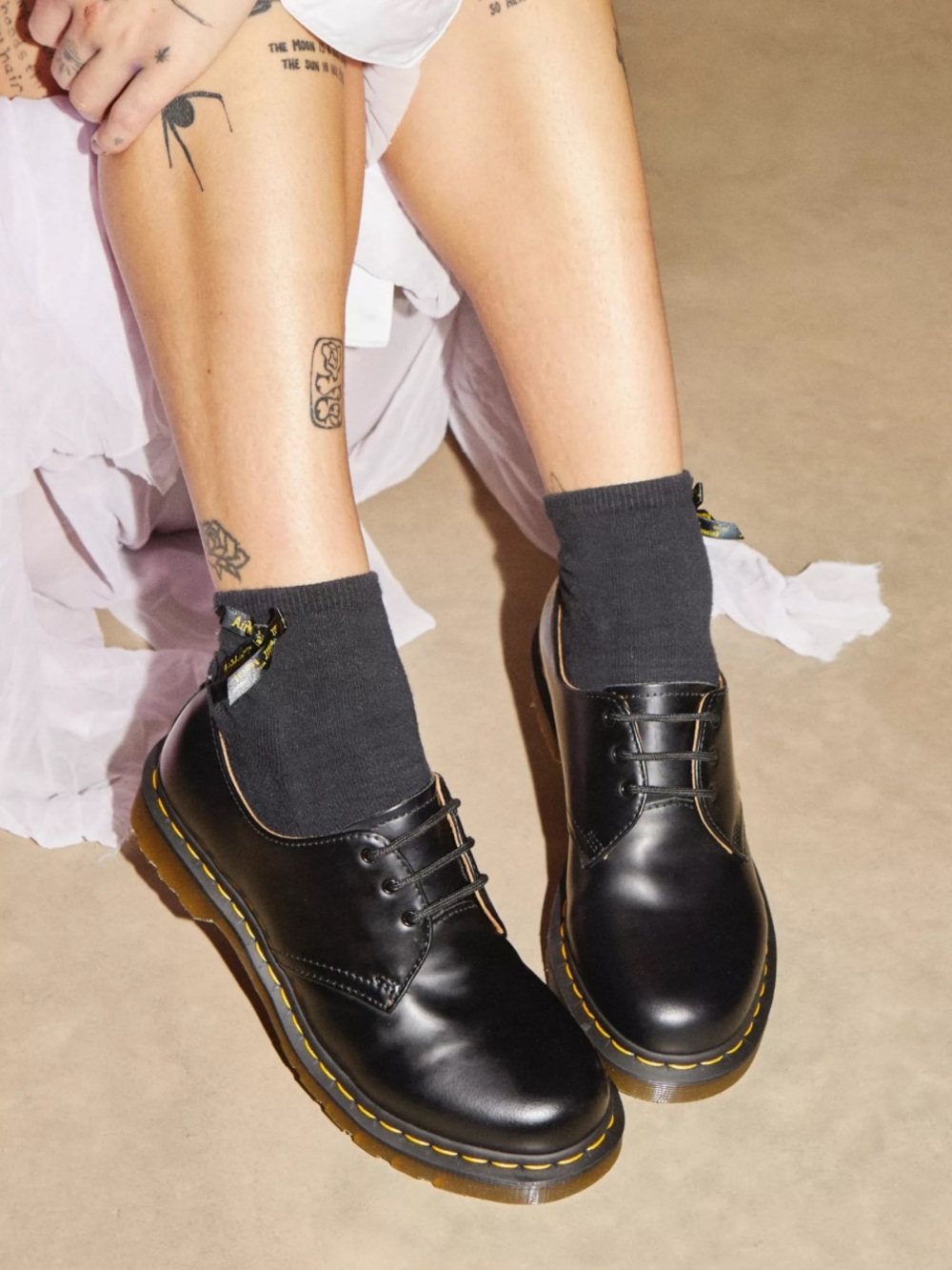 Dr. Martens 1461 Women's Smooth Leather Oxfords in Black with Yellow Stitching